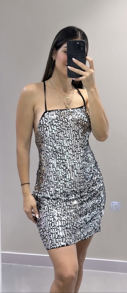 VESTIDO CORTO DE LENTEJUELAS ESPALDA TRENZADO